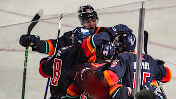 Coachella Valley Firebirds players celebrate a goal by forward John Hayden (15) during the first period of Game 1 of their first-round playoff series at Acrisure Arena in Palm Desert, Calif., Tuesday, April 22, 2025.
