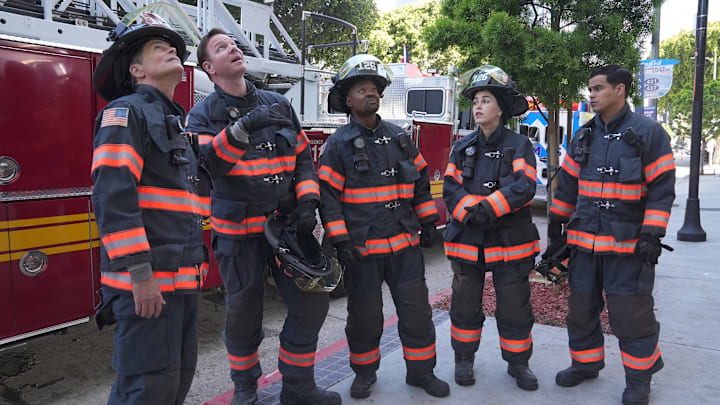 9-1-1 LONE STAR: L-R: Rob Lowe, Jim Parrack, Brian Michael Smith, Natacha Karam, and Julian Works in the "My Way" episode of 9-1-1 LONE STAR airing Monday, Oct 14 (8:00-9:02 PM ET/PT) on FOX. © 2024 Fox Media LLC.