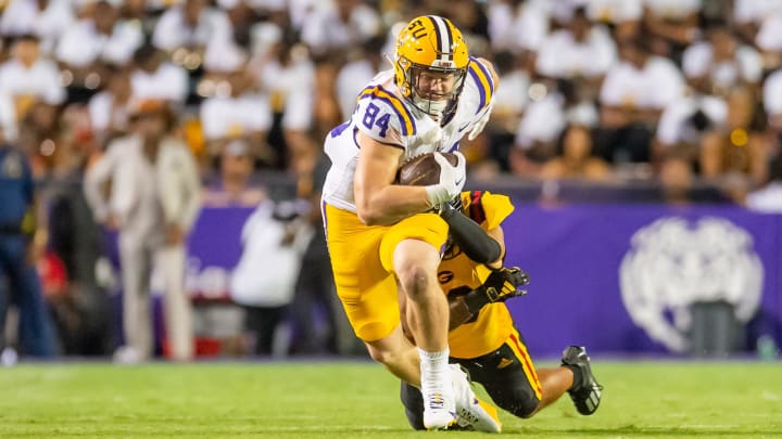 Mac Markway 84 runs the ball as the LSU Tigers take on Grambling State at Tiger Stadium in Baton Rouge, Louisiana, Saturday, Sept. 9, 2023.