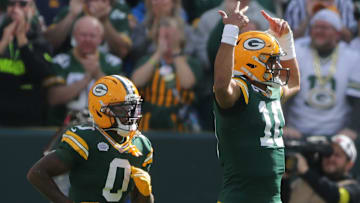 Green Bay Packers quarterback Jordan Love (10) and wide receiver Matthew Golden (0) against the Detroit Lions on Sunday, September 7, 2025, at Lambeau Field in Green Bay, Wis. 
Wm. Glasheen USA TODAY NETWORK-Wisconsin