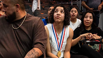 Aaliyah Chavez, the Nation's No. 1 recruit and Texas State Champion watches the Longhorns warm up ahead of the their game against the Florida Gators, March 2, 2025.