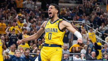 May 12, 2024; Indianapolis, Indiana, USA;  Indiana Pacers guard Tyrese Haliburton (0) celebrates a