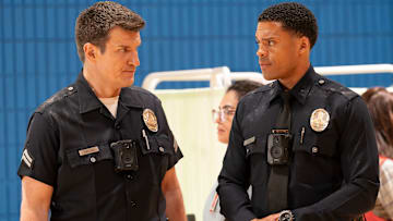 THE ROOKIE - ÒWildfireÓ - Nyla remains suspicious of Liam Glasser as a wildfire erupts, causing chaos in the city. Meanwhile, James tries to help a friend, and Seth makes a costly mistake, putting two of their own in danger. TUESDAY, FEB. 25 ( 9:00-10:00 p.m. EST) on ABC. (Disney/Mike Taing) 
NATHAN FILLION, DERIC AUGUSTINE