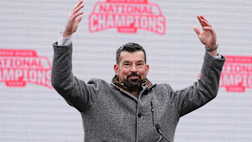 Head coach Ryan Day fires up the crowd during the Ohio State Buckeyes College Football Playoff National Championship celebration at Ohio Stadium in Columbus on Jan. 26, 2025.