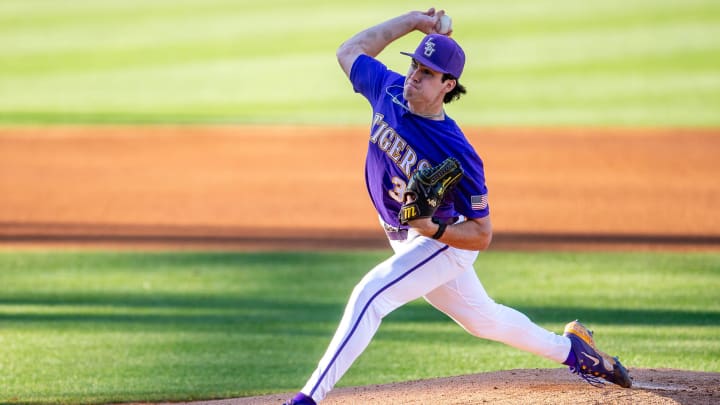 Tigers starting pitcher Luke Holman 38 on the mound as the LSU Tigers take on the Vanderbilt Commodores at Alex Box Stadium in Baton Rouge LA. Thursday, April 4, 2024.