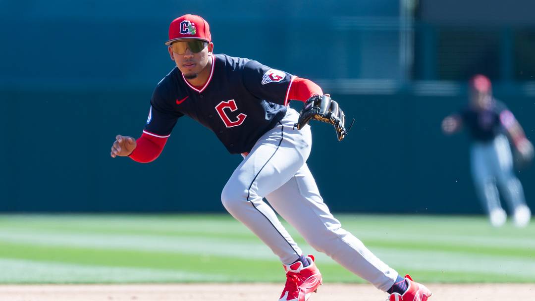 Feb 24, 2026; Phoenix, Arizona, USA; Cleveland Guardians infielder Angel Genao against the Los Angeles Dodgers during a spring training game at Camelback Ranch-Glendale. Mandatory Credit: Mark J. Rebilas-Imagn Images