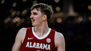 Alabama Crimson Tide forward Grant Nelson (4) questions a call by the referees in the first half as the Texas Longhorns take on the Crimson Tide at the Moody Center, Feb. 11, 2025.