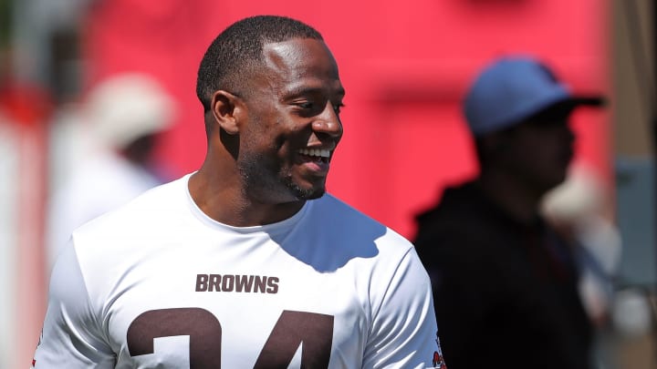 Browns running back Nick Chubb is all smiles on the sideline during minicamp, Tuesday, June 11, 2024, in Berea.