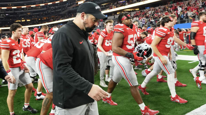 Dec 29, 2023; Arlington, Texas, USA; Ohio State Buckeyes head coach Ryan Day walks off the field following their 14-3 loss to the Missouri Tigers in the Goodyear Cotton Bowl Classic at AT&T Stadium.