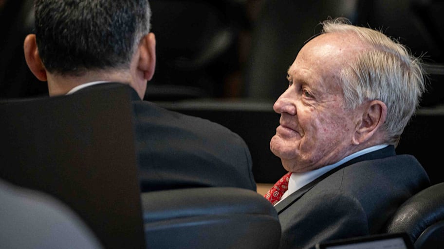 Jack Nicklaus talks with his attorneys during a recess in closing arguments in a Florida courtroom on Oct. 20, 2025.