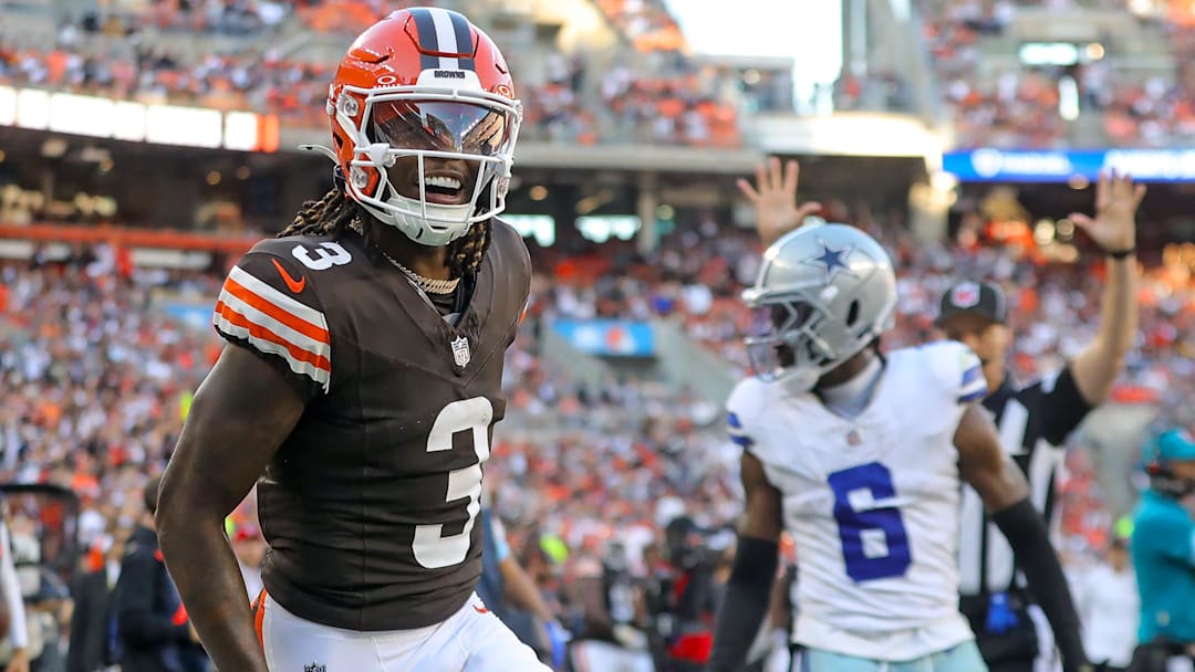 Cleveland Browns wide receiver Jerry Jeudy (3) celebrates after scoring his first touchdown as a Brown during the second half of an NFL football game against the Dallas Cowboys at Huntington Bank Field, Sunday, Sept. 8, 2024, in Cleveland, Ohio.