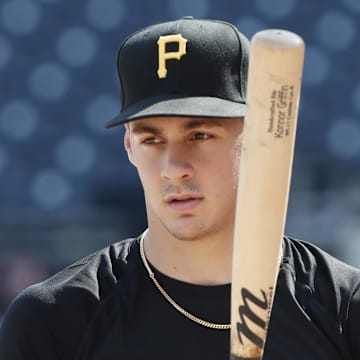 Aug 2, 2024; Pittsburgh, Pennsylvania, USA;  Pittsburgh Pirates shortstop Konnor Griffin who was the ninth overall pick in first round of the 2024 First-Year Player Draft at the batting cage before a game against the Arizona Diamondbacks at PNC Park. Mandatory Credit: Charles LeClaire-Imagn Images