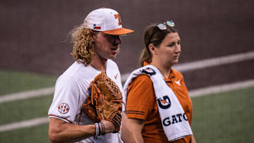 Texas Longhorns pitcher Jared Spencer (12) heads for the dugout in the third inning as the Texas Longhorns take on the Auburn Tigers in the first game of a three-game series on Thursday night at UFCU Disch-Falk Field in Austin, April 17, 2025.