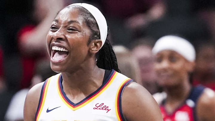 Jun 3, 2025; Indianapolis, Indiana, USA; Indiana Fever guard Aari McDonald (2) celebrates during a game between the Indiana Fever and the Washington Mystics at Gainbridge Fieldhouse in Indianapolis. Mandatory Credit:  Grace Smth- INDIANAPOLIS STAR-Imagn Images