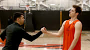 Princeton University Assistant Coach Brett MacConnell is shwon with Guard Ryan Langborg on the court at the University's Jadwin Gym Monday afternoon, March 20, 2023.  The team were preparing for their NCAA Sweet 16 appearance.

Basketball Princeton Men S Basketball Sweet 16 Team Practice