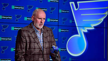 Feb 18, 2020; St. Louis, Missouri, USA;  St. Louis Blues general manager Doug Armstrong talks with the media about the acquisition of defenseman Marco Scandella from the Montreal Canadians prior to a game against the New Jersey Devils at Enterprise Center. Mandatory Credit: Jeff Curry-Imagn Images