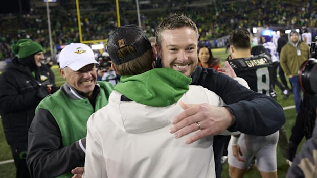 Oregon Ducks head coach Dan Lanning celebrates after beating the Washington Huskies at Autzen Stadium. Mandatory Credit: Troy