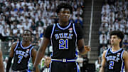 Dec 6, 2025; East Lansing, Michigan, USA;  Duke Blue Devils center Patrick Ngongba (21) during the first half against the Michigan State Spartans at Jack Breslin Student Events Center. Mandatory Credit: Dale Young-Imagn Images
