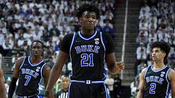 Dec 6, 2025; East Lansing, Michigan, USA;  Duke Blue Devils center Patrick Ngongba (21) during the first half against the Michigan State Spartans at Jack Breslin Student Events Center. 