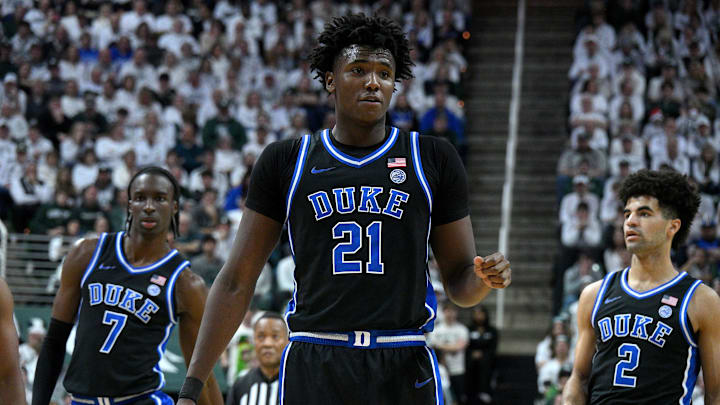 Dec 6, 2025; East Lansing, Michigan, USA;  Duke Blue Devils center Patrick Ngongba (21) during the first half against the Michigan State Spartans at Jack Breslin Student Events Center. 