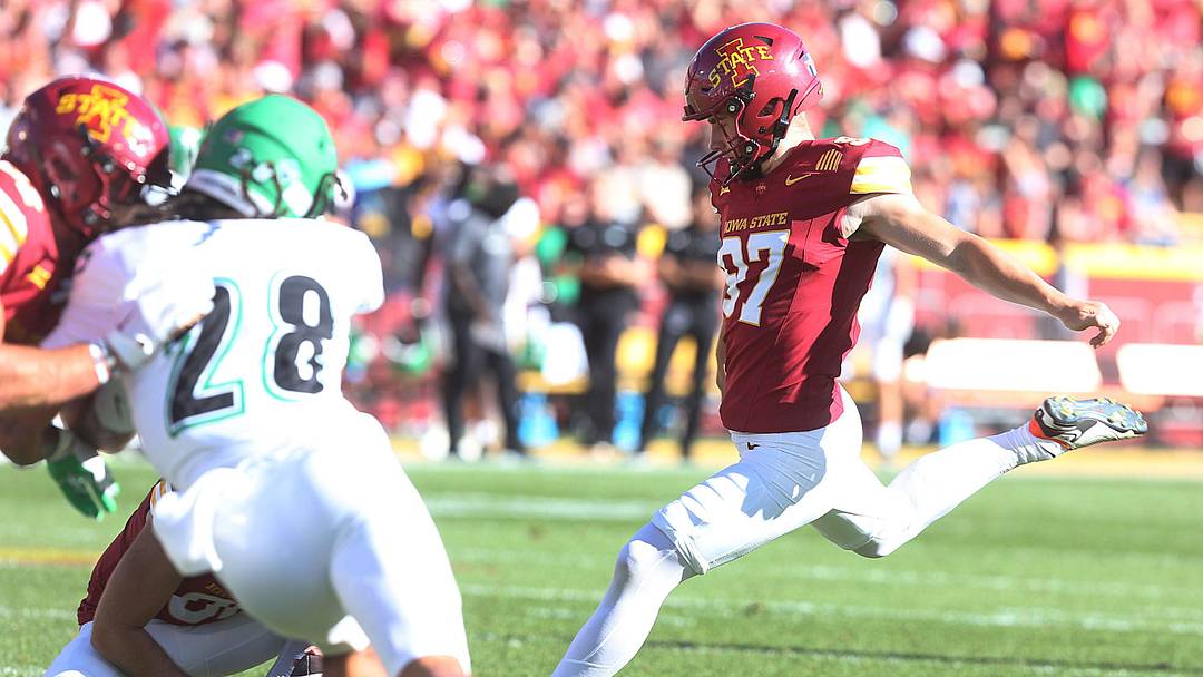 Iowa State Cyclones kicker Kyle Konrardy (97) kicks the ball for an extra point during the fourth quarter in the season opening game at Jack Trice Stadium on Aug. 31, 2024, in Ames, Iowa Iowa State Cyclones kicker Kyle Konrardy (97) kicks the ball for an extra point during the fourth quarter in the season opening game at Jack Trice Stadium on Aug. 31, 2024, in Ames, Iowa