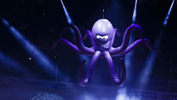 Apr 17, 2016; Detroit, MI, USA; Al the Octopus is lowered to the ice during pregame ceremonies prior to game three of the first round of the 2016 Stanley Cup Playoffs between the Detroit Red Wings and the Tampa Bay Lightning at Joe Louis Arena. Mandatory Credit: Rick Osentoski-Imagn Images