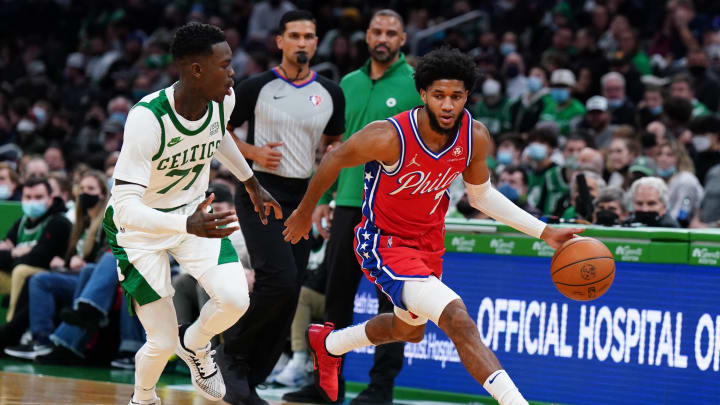 Dec 20, 2021; Boston, Massachusetts, USA; Philadelphia 76ers guard Isaiah Joe (7) drives the ball against Boston Celtics guard Dennis Schroder (71) in the second quarter at TD Garden. Mandatory Credit: David Butler II-USA TODAY Sports