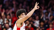 Nov 11, 2025; Tucson, Arizona, USA; Arizona Wildcats forward Koa Peat (10) scores a three pointer during the first half of the game against the Northern Arizona Lumberjacks at McKale Memorial Center. Mandatory Credit: Aryanna Frank-Imagn Images