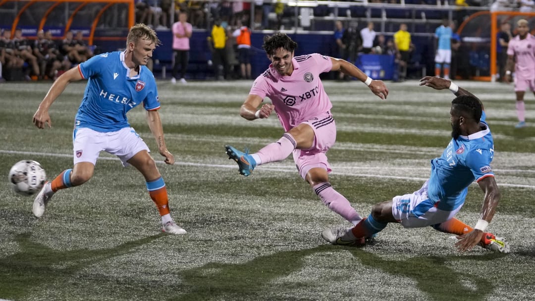 Leo Campana boots the game-winning goal between Miami FC defenders in Inter Miami’s 1-0 win in its first-ever U.S. Open Cup match last April.