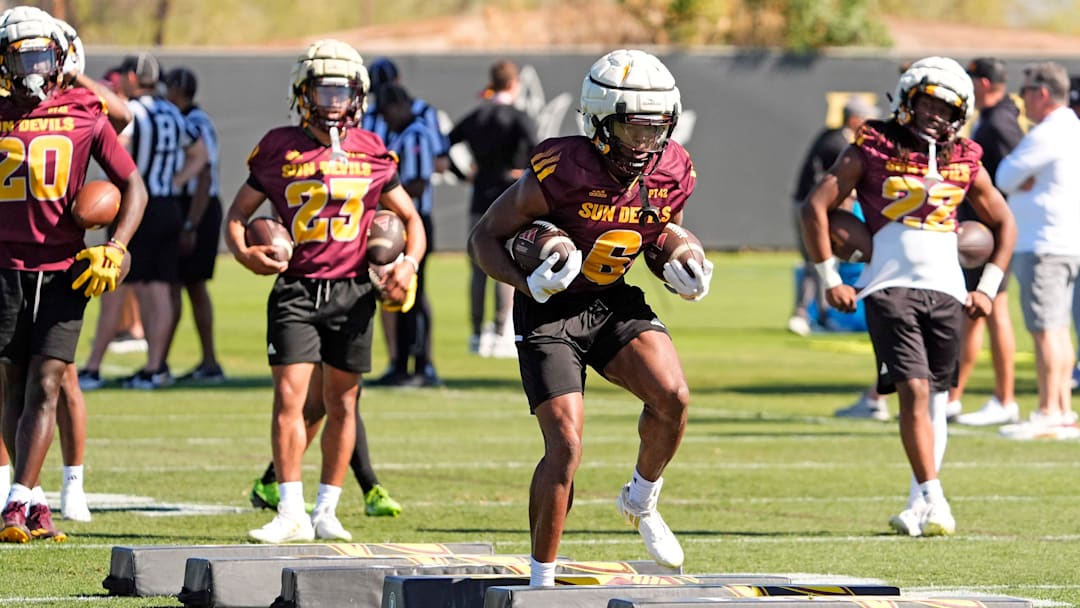 Arizona State running back Kanye Udoh (6) during spring football practice at Kajikawa practice fields in Tempe on Tuesday, March 25, 2025.