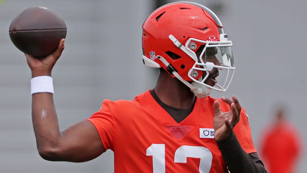 Browns quarterback Shedeur Sanders throws during training camp, Friday, July 25, 2025, in Berea.