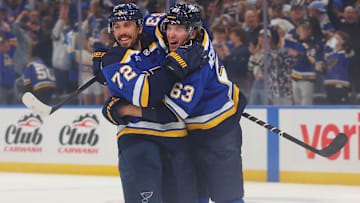 St. Louis Blues defenseman Justin Faulk and forward Jake Neighbours