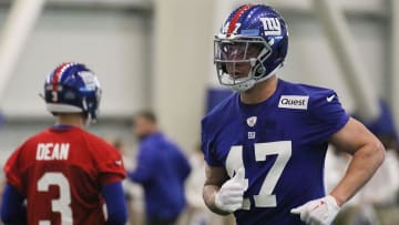 East Rutherford , NJ — May 10, 2024 -- Fourth round draft pick Theo Johnson as the NY Giants hold their Rookie Camp and introduce their new draft picks.