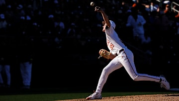Texas Longhorns pitcher Dylan Volantis (99) throw a pitch during the annual Texas baseball alumni game at UFCU Disch-Falk Field on Saturday, Feb. 1, 2025.