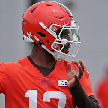 Browns quarterback Shedeur Sanders throws during training camp, Friday, July 25, 2025, in Berea.