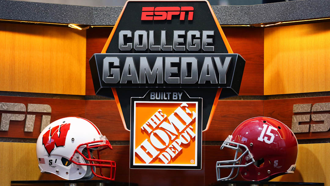 Sep 5, 2015; Fort Worth, TX, USA; The helmets of Wisconsin Badgers and Alabama Crimson Tide on the set during the live broadcast of ESPN College GameDay at Sundance Square. Mandatory Credit: Ray Carlin-Imagn Images
