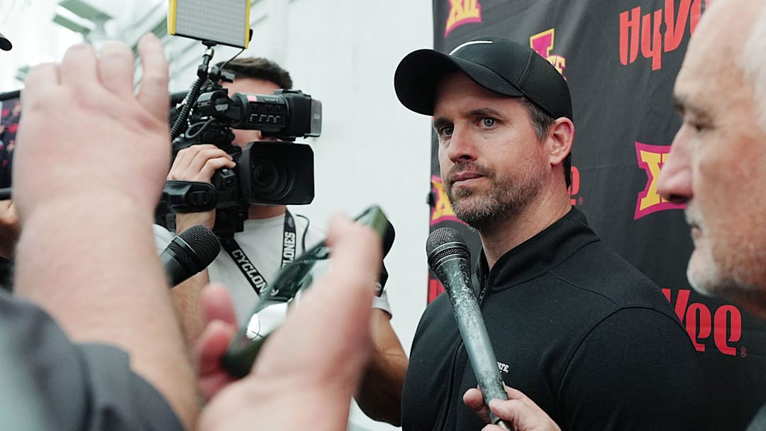 Iowa State football head coach Jimmy Rogers talks to media during NFL football pro-day at Bergstrom Football Complex on March 24, 2026, in Ames, Iowa.