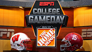 Sep 5, 2015; Fort Worth, TX, USA; The helmets of Wisconsin Badgers and Alabama Crimson Tide on the set during the live broadcast of ESPN College GameDay at Sundance Square. Mandatory Credit: Ray Carlin-Imagn Images