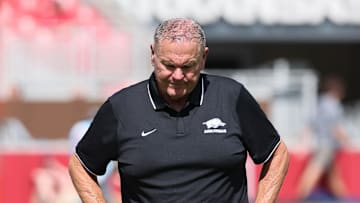 Sep 27, 2025; Fayetteville, Arkansas, USA; Arkansas Razorbacks head coach Sam Pittman during the fourth quarter against the Notre Dame Fighting Irish at Donald W. Reynolds Razorback Stadium. Notre Dame won 56-13. Mandatory Credit: Nelson Chenault-Imagn Images