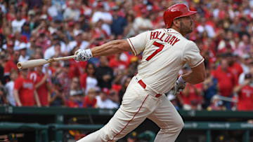 Oct 1, 2016; St. Louis, MO, USA; St. Louis Cardinals pinch hitter Matt Holliday (7) hits an rbi single against the Pittsburgh Pirates at Busch Stadium. Mandatory Credit: Scott Rovak-Imagn Images