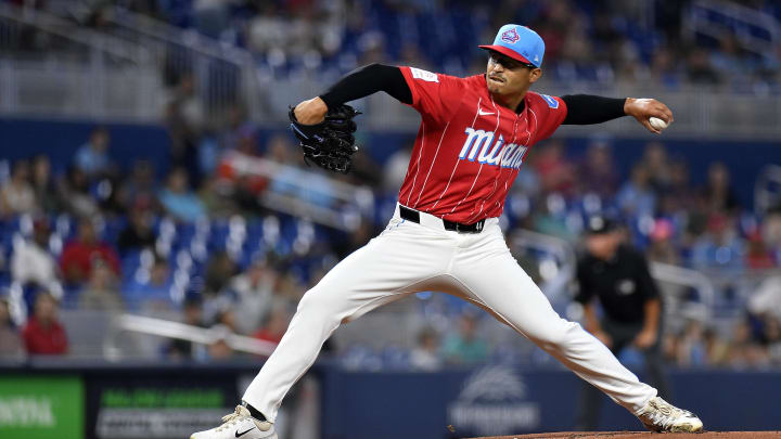 May 11, 2024; Miami, Florida, USA;  Miami Marlins starting pitcher Jesus Luzardo (44) throws the ball during the first inning against the Philadelphia Phillies at loanDepot Park. Mandatory Credit: Michael Laughlin-USA TODAY Sports