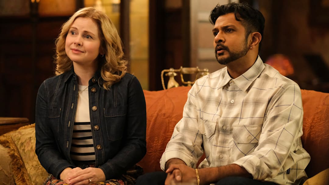 Rose McIver as Samantha "Sam" Arondekar and Utkarsh Ambudkar as Jayanth "Jay" Arondekar in Ghosts season 4