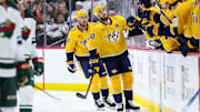 Nov 30, 2024; Saint Paul, Minnesota, USA; Nashville Predators center Ryan O'Reilly (90) celebrates his goal against the Minnesota Wild during the second period at Xcel Energy Center. Mandatory Credit: Matt Krohn-Imagn Images