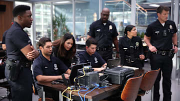 THE ROOKIE - ÒStrike BackÓ - In the aftermath of the assaults in the explosive season five finale, the team must now try to understand why they were targeted and if there is a bigger plan in place. Meanwhile, Nolan must survive his last shift before his wedding to Bailey. TUESDAY, FEB. 20 (9:00-10:00 p.m. EST), on ABC. (Disney/Raymond Liu)
TRU VALENTINO, ALYSSA DIAZ, RICHARD T. JONES, LISSETH CHAVEZ, NATHAN FILLION