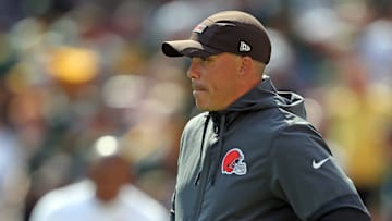 Cleveland Browns special teams coordinator Bubba Ventrone watches the team warmup before an NFL football game at Huntington Bank Field, Sept. 21, 2025, in Cleveland, Ohio.