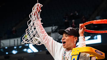 South Carolina Gamecocks head coach Dawn Staley cuts down the net as the Gamecocks celebrate their NCAA Regional Final game win over Duke at Legacy Arena in Birmingham Alabama, March 30, 2025.