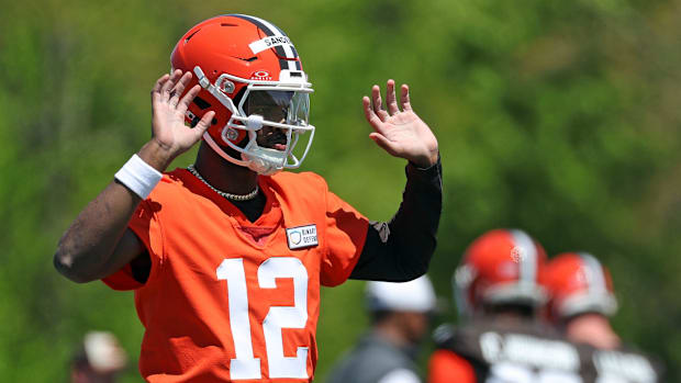 Cleveland Browns quarterback Shedeur Sanders gestures during rookie minicamp, May 9, 2025, in Berea.