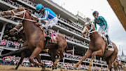 Mage, left, with Javier Castellano up, wins the 149th Running of the Kentucky Derby on May 6, 2023, at Churchill Downs.