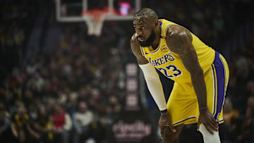 Feb 20, 2025; Portland, Oregon, USA; Los Angeles Lakers forward LeBron James (23) takes a  break during the first half against the Portland Trail Blazers at Moda Center. Mandatory Credit: Troy Wayrynen-Imagn Images