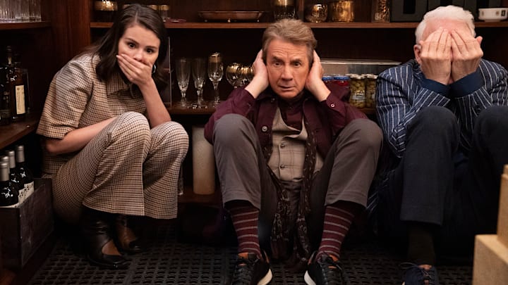 Only Murders in the Building season 5 first look. Pictured are Selena Gomez, Martin Short, and Steve Martin.